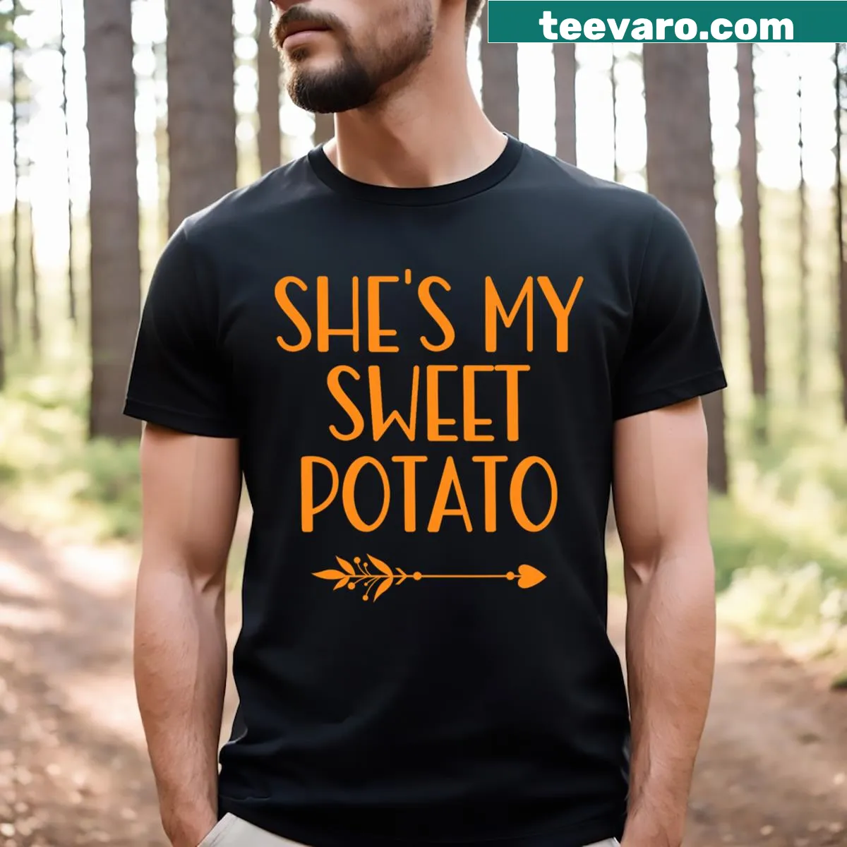 Cute Thanksgiving couple matching T-shirt with sweet potato theme — on a men's t-shirt