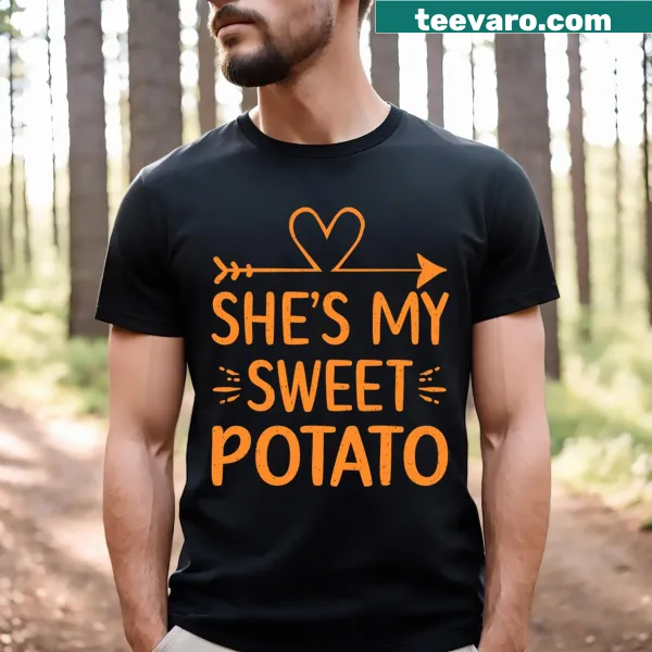 Matching Thanksgiving couple t-shirts with the phrases 'She's My Sweet Potato' and 'I Yam'.