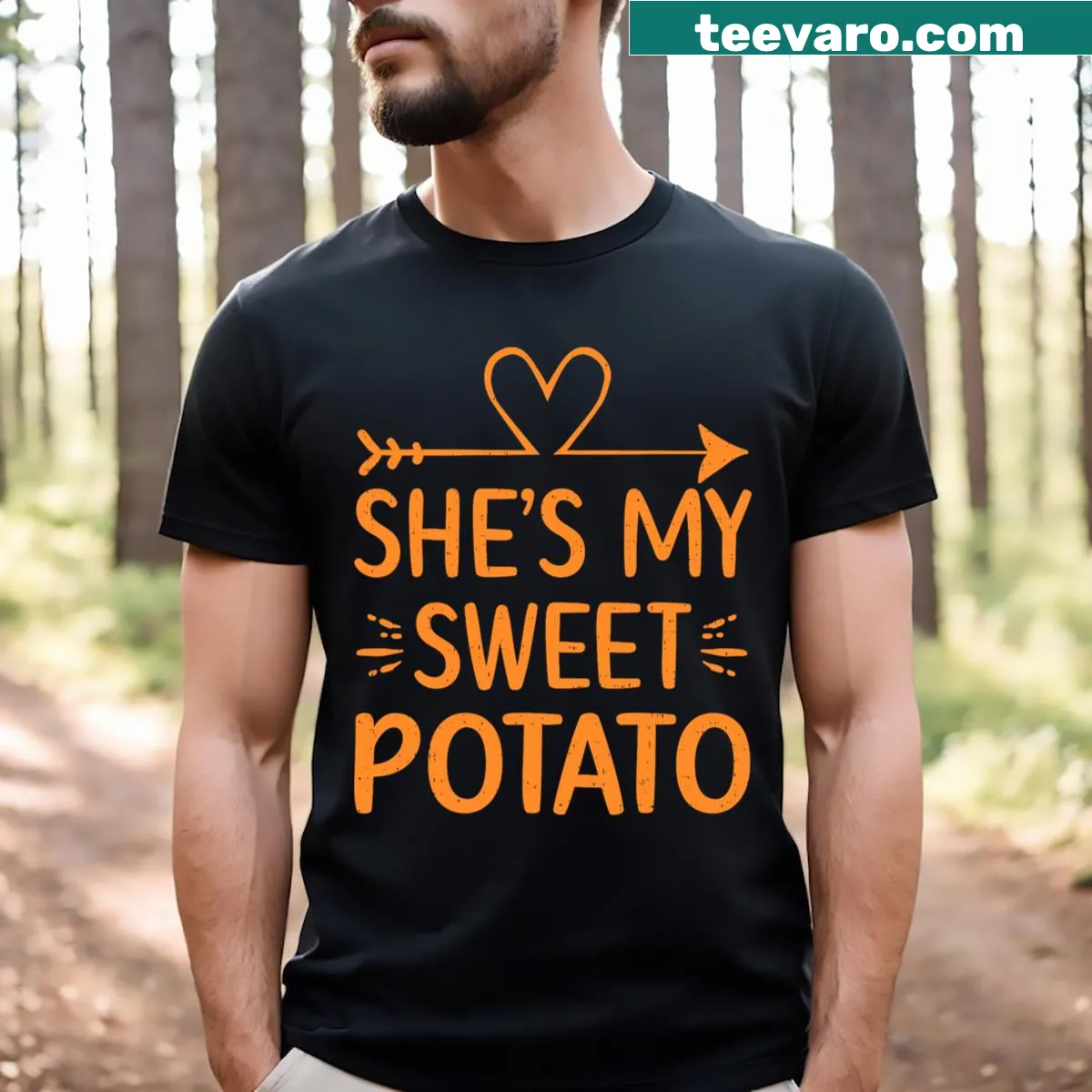 Matching Thanksgiving couple t-shirts with the phrases 'She's My Sweet Potato' and 'I Yam'. — on a men's t-shirt