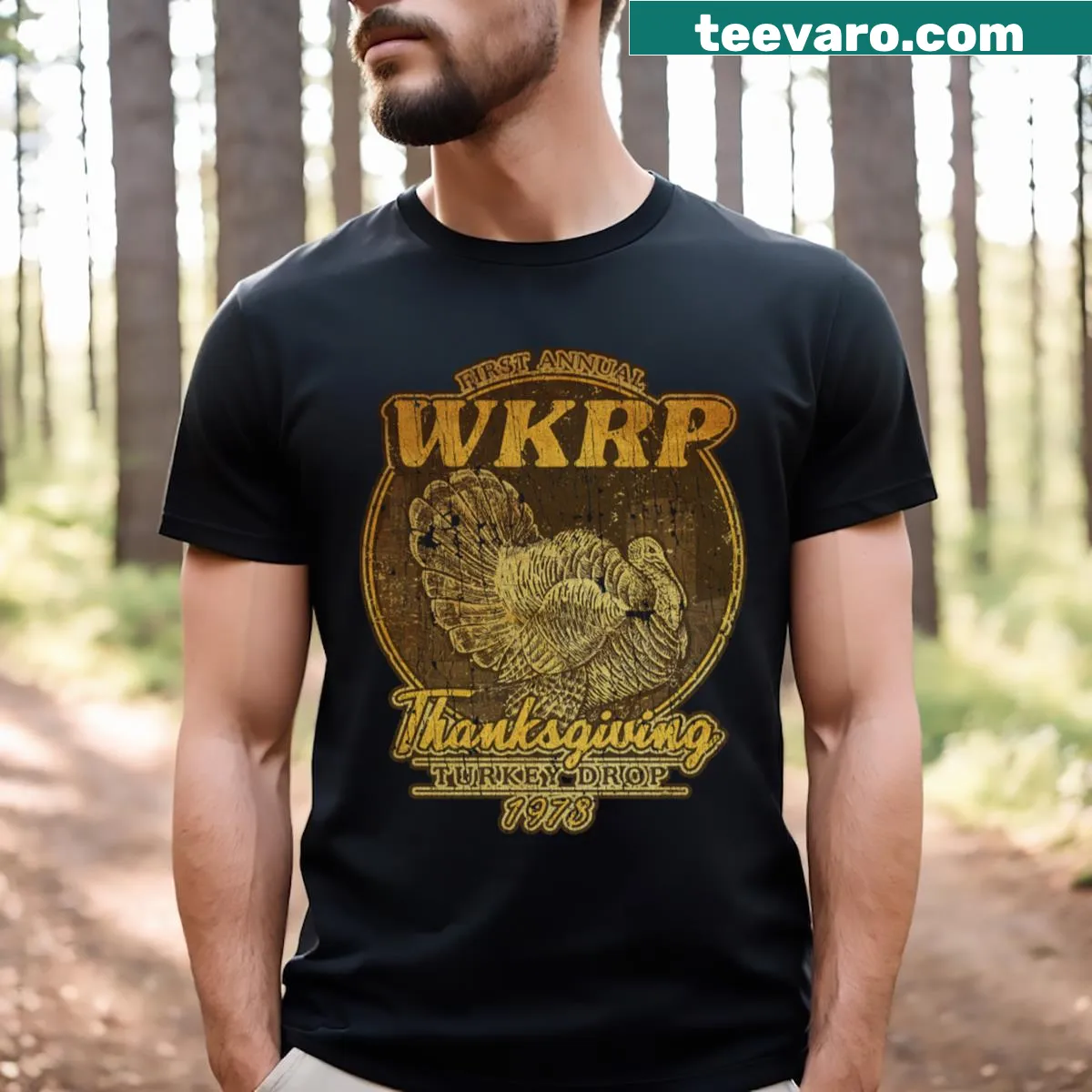 Vintage distressed T-shirt featuring a Thanksgiving turkey drop theme — on a men's t-shirt