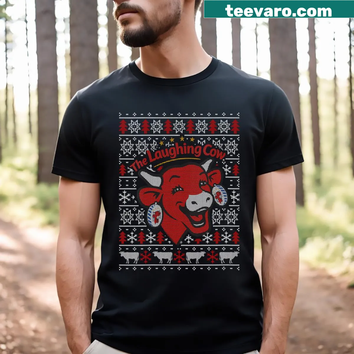 Vintage-style v-neck t-shirt featuring Laughing Cow in Christmas design — on a men's t-shirt