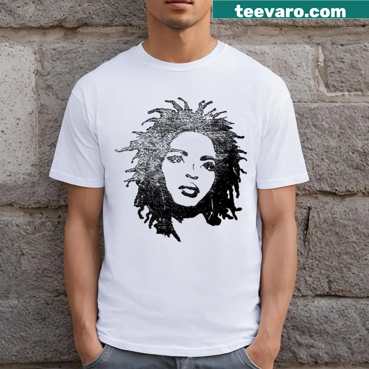 Miseducation Of Lauryn Hill t-shirt featuring the album title in classic font — on a men's t-shirt
