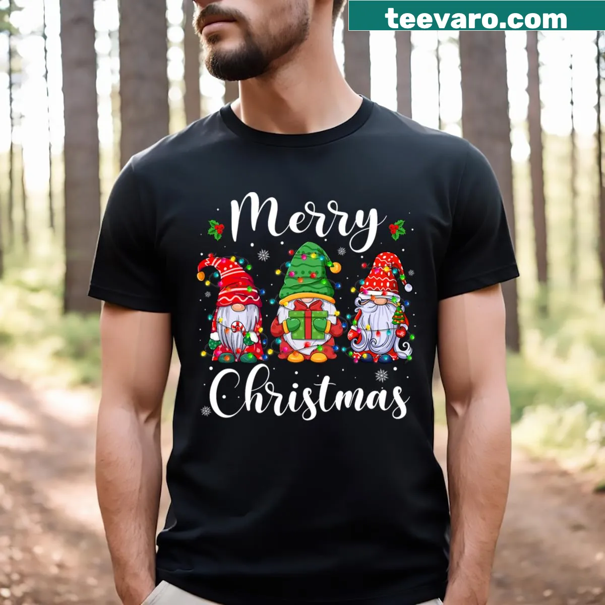 Family T-shirt with three gnomes and Christmas tree lights — on a men's t-shirt