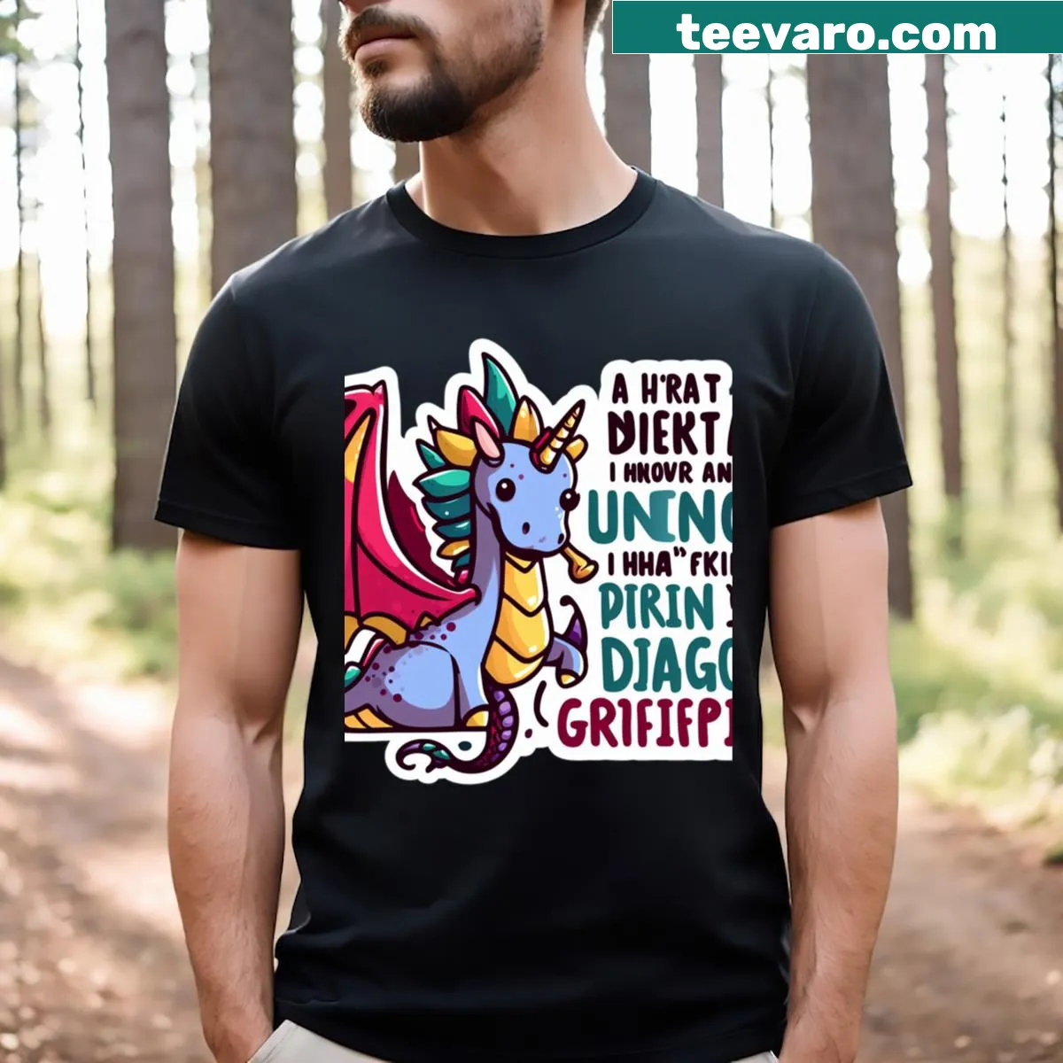 Cartoon unicorn t-shirt with a fun and whimsical design — on a men's t-shirt