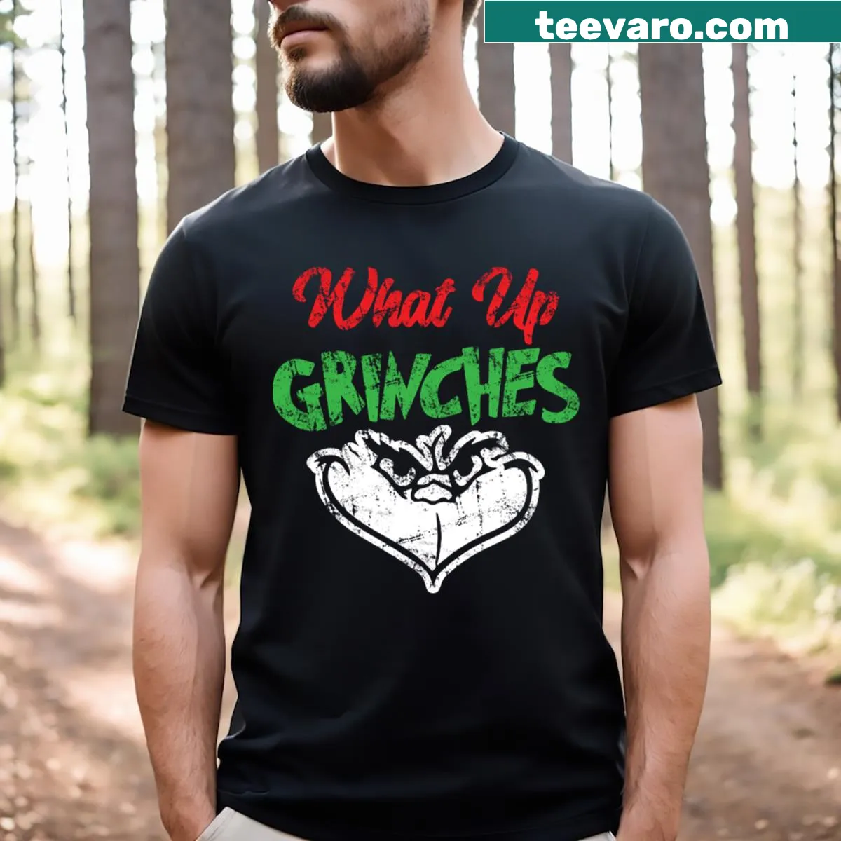 Vintage T-shirt with 'What Up Grinches' text design — on a men's t-shirt
