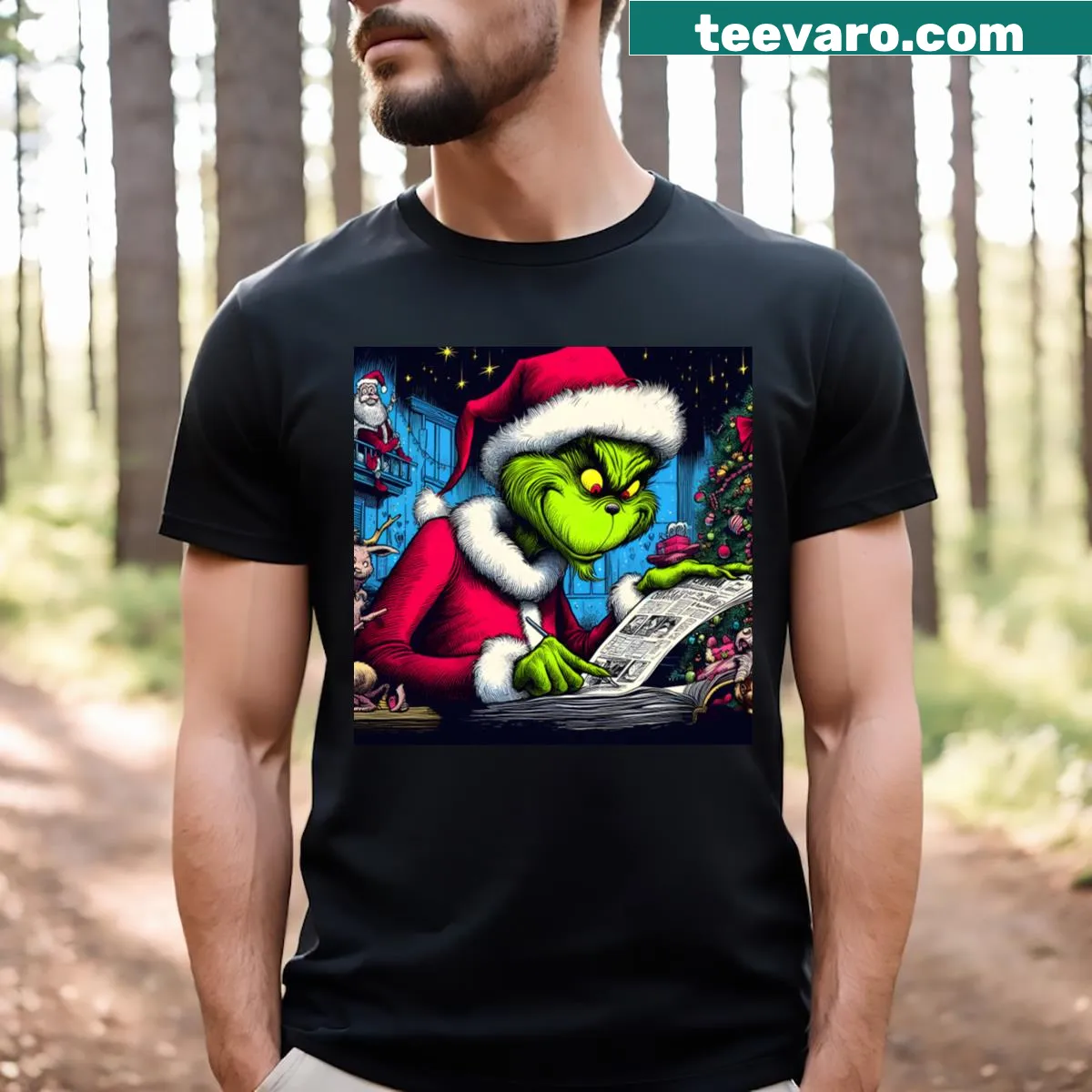 Grinch-inspired holiday artwork on a whimsical t-shirt — on a men's t-shirt