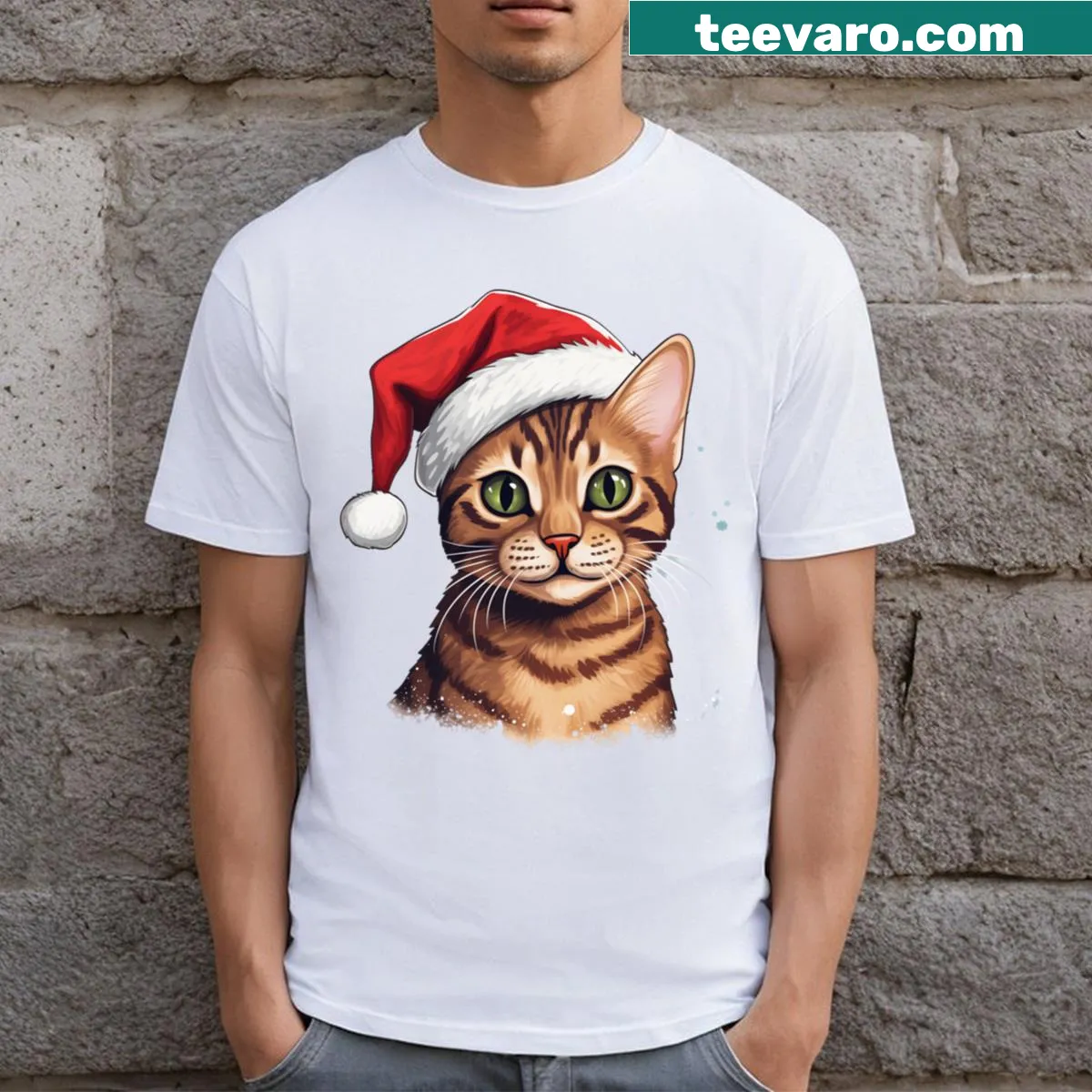 Festive Bengal cat illustration on a T-shirt — on a men's t-shirt