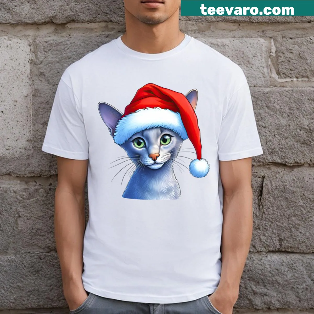 Festive Oriental Blue cat with light green eyes on T-shirt — on a men's t-shirt