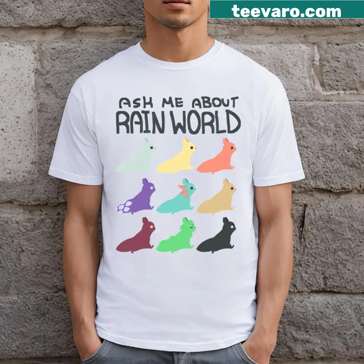 Text design inviting inquiries about Rain World on a T-shirt — on a men's t-shirt