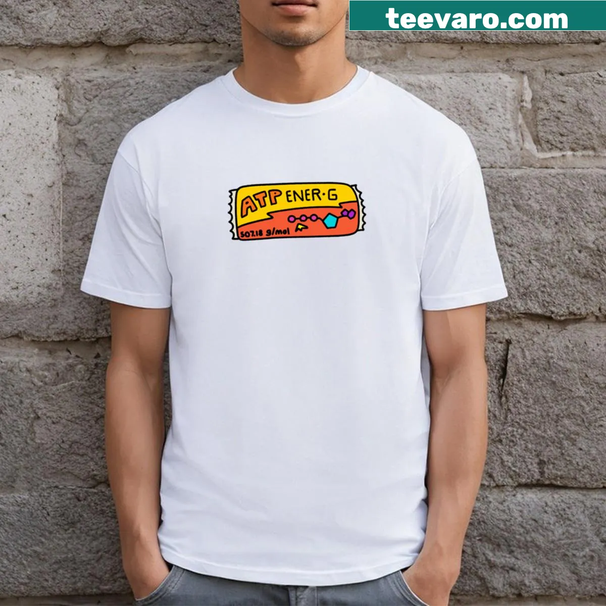 Fitness-themed t-shirt with 'ATP Energ Bar' printed — on a men's t-shirt