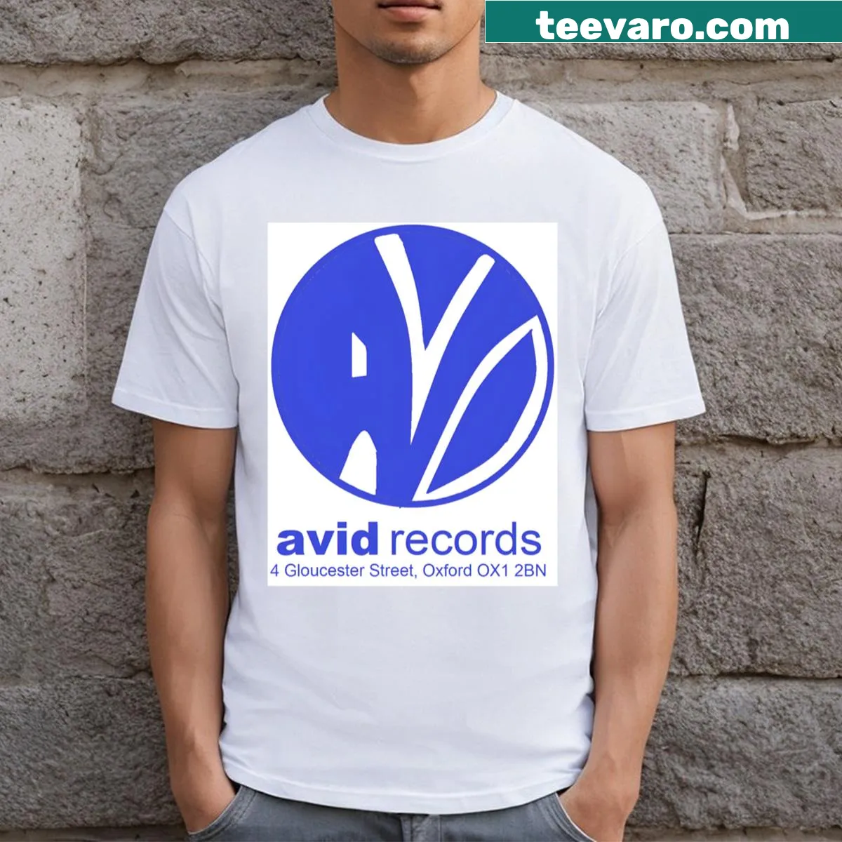 Vintage-style Avid Records Oxford T-shirt with classic typography — on a men's t-shirt