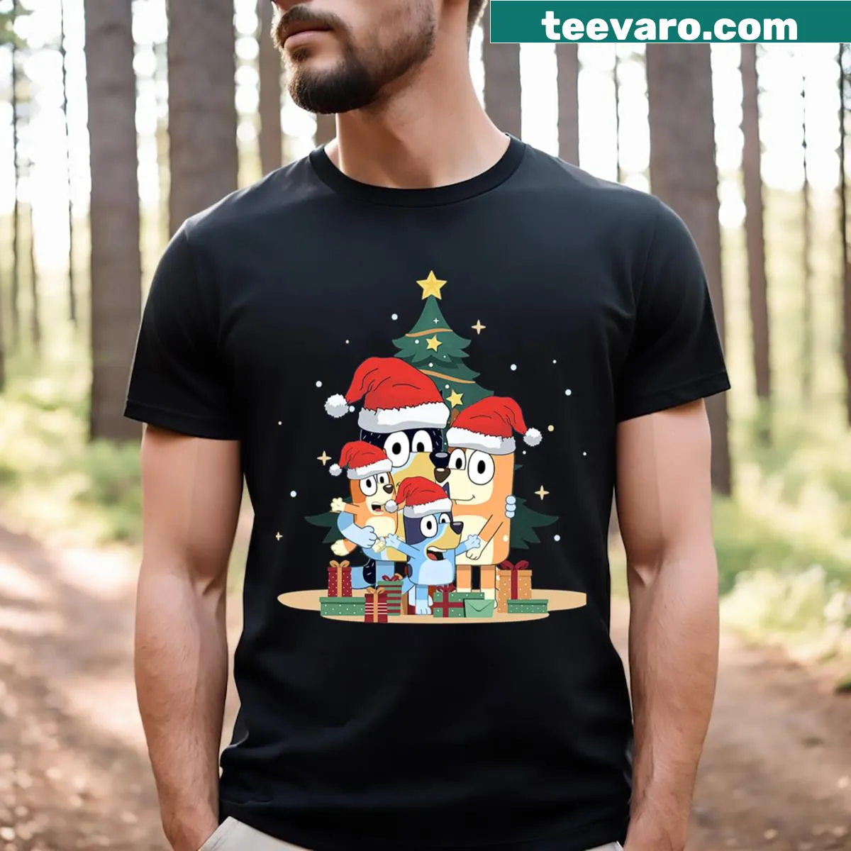 Illustrated Merry Christmas design featuring Bluey and family — on a men's t-shirt
