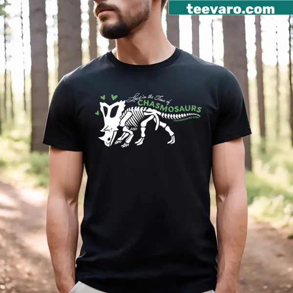 Chasmosaurus skeleton logo t-shirt with green illustration on white background