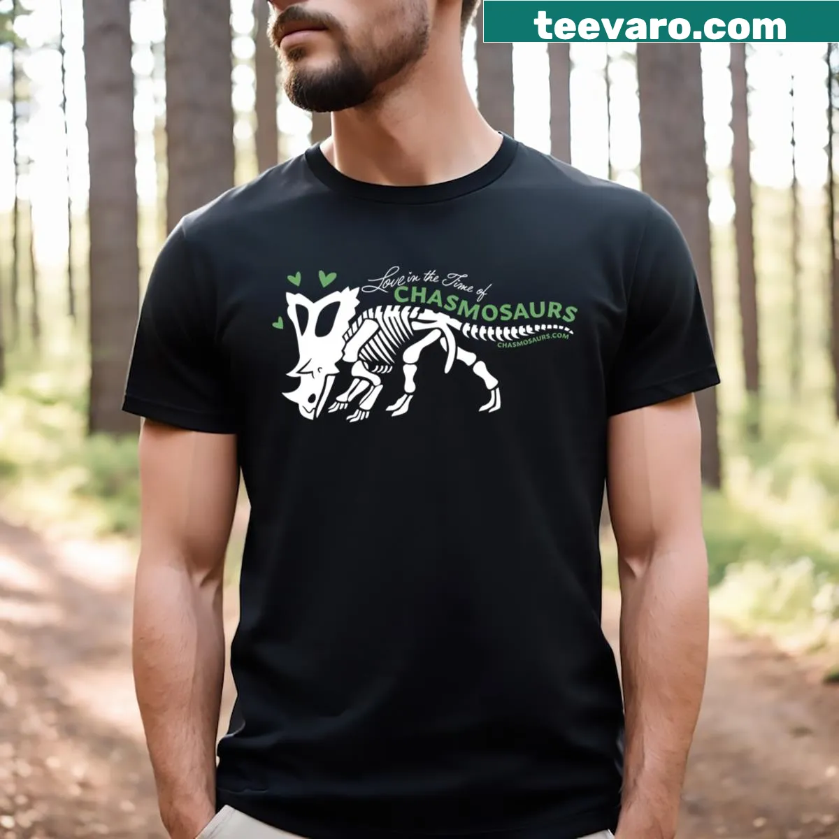 Chasmosaurus skeleton logo t-shirt with green illustration on white background — on a men's t-shirt