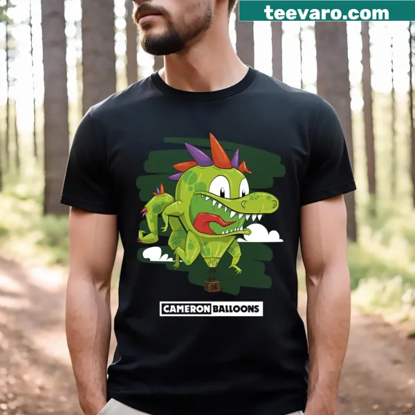 Illustration of a dinosaur in a hot air balloon on a T-shirt