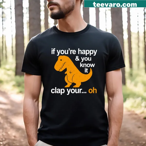 Cute T-Rex graphic inviting kids to clap on a T-shirt