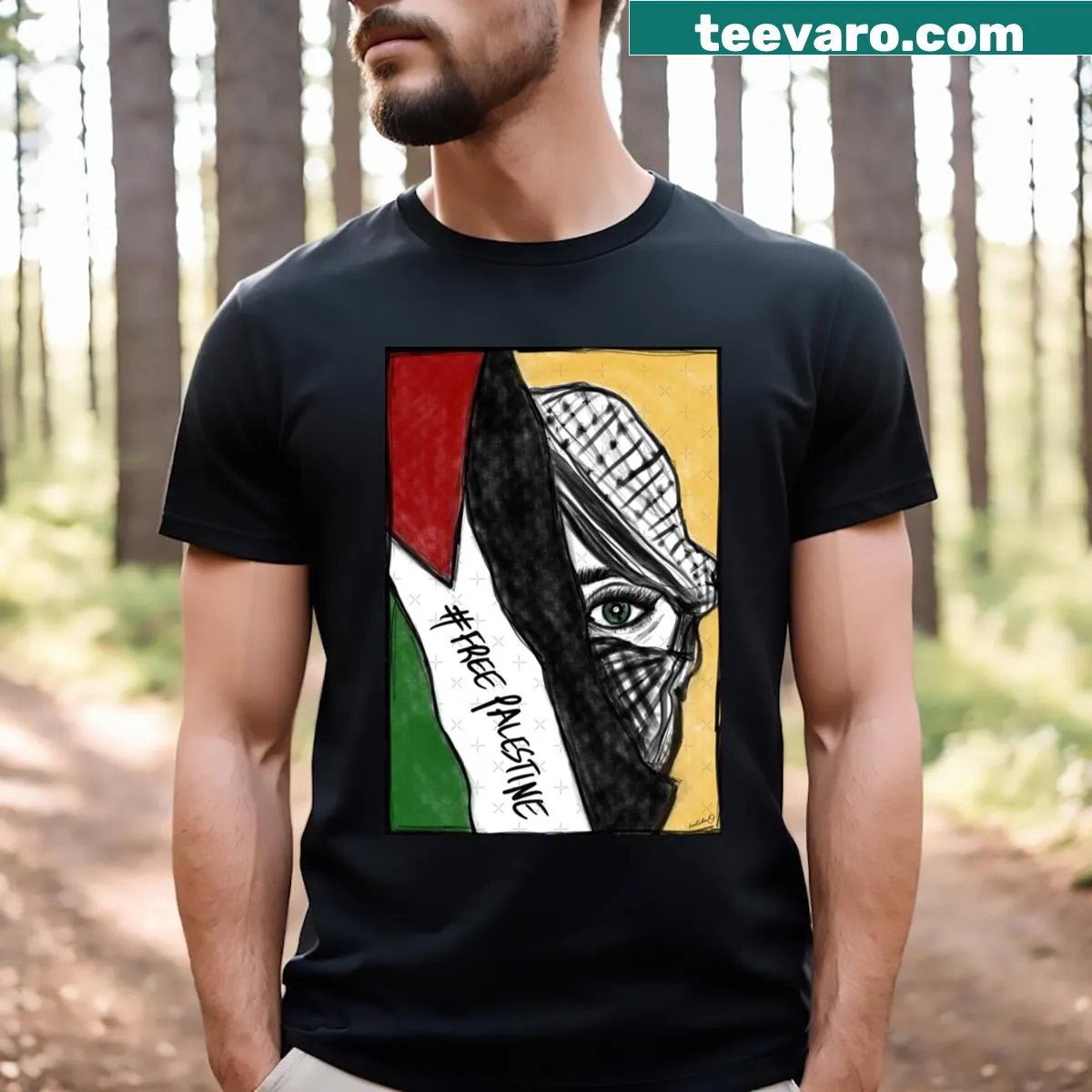T-shirt with the phrase 'Free Palestine' in bold text — on a men's t-shirt