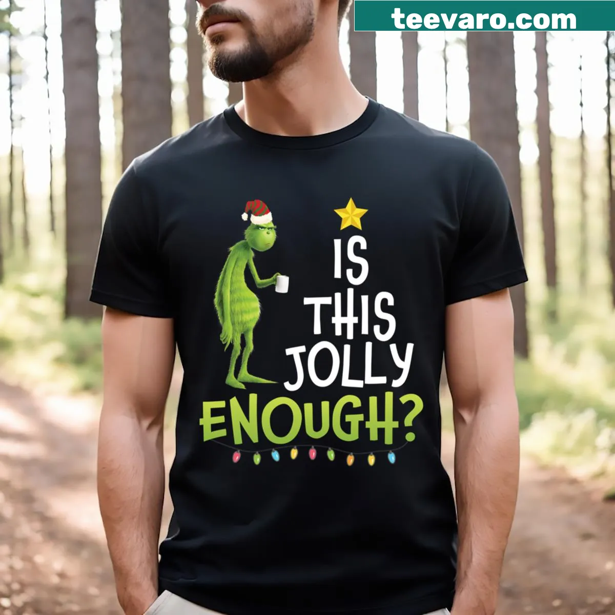 T-shirt with Grinch-inspired design and 'Is This Jolly Enough?' phrase — on a men's t-shirt