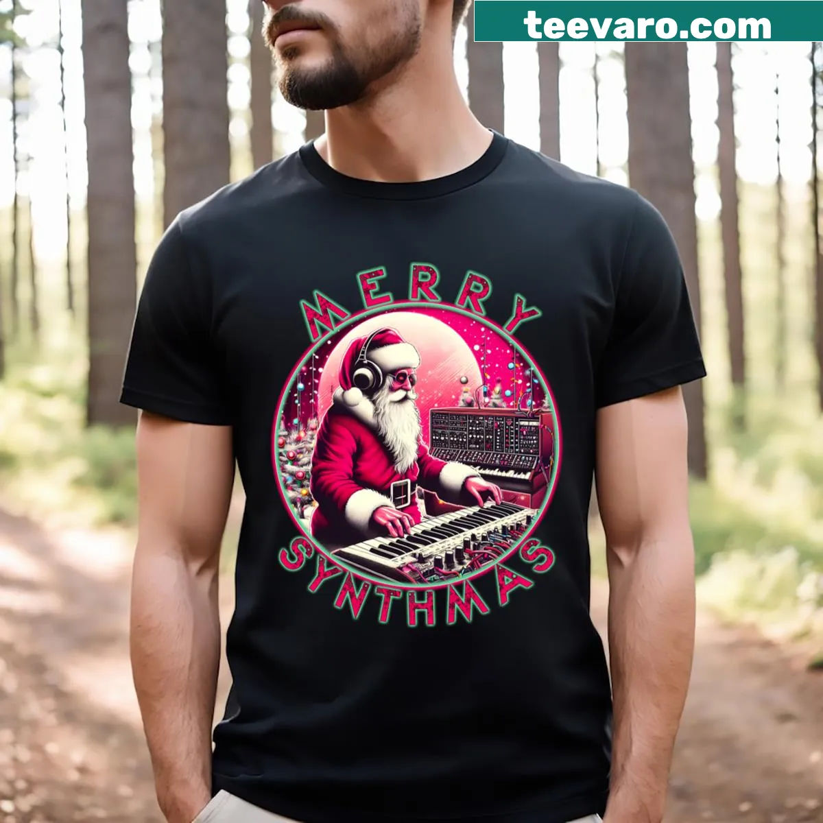 Merry Synthmas T-shirt with a playful Santa Claus and synth theme — on a men's t-shirt