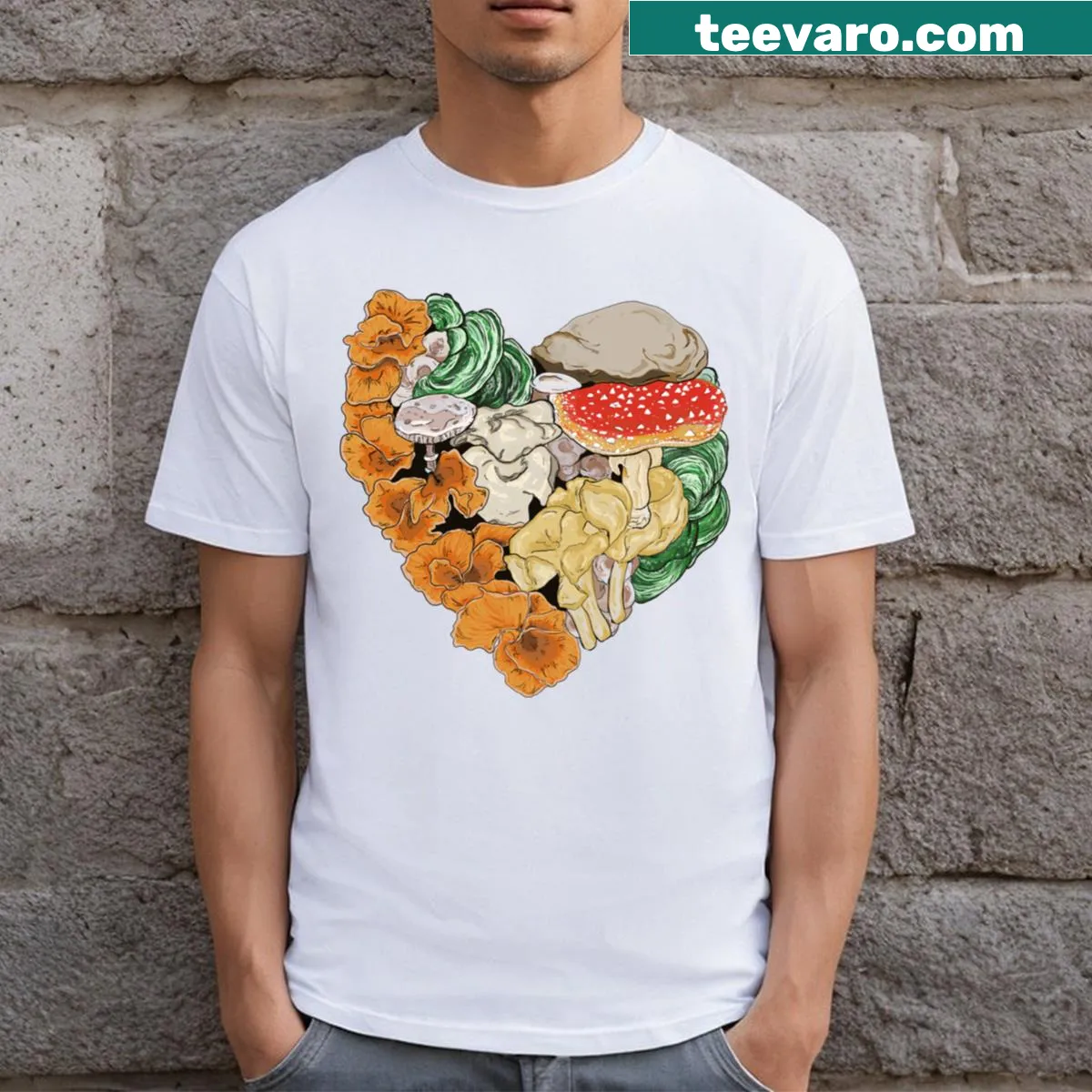 Mushroom Love T-shirt featuring a heart made of mushrooms — on a men's t-shirt