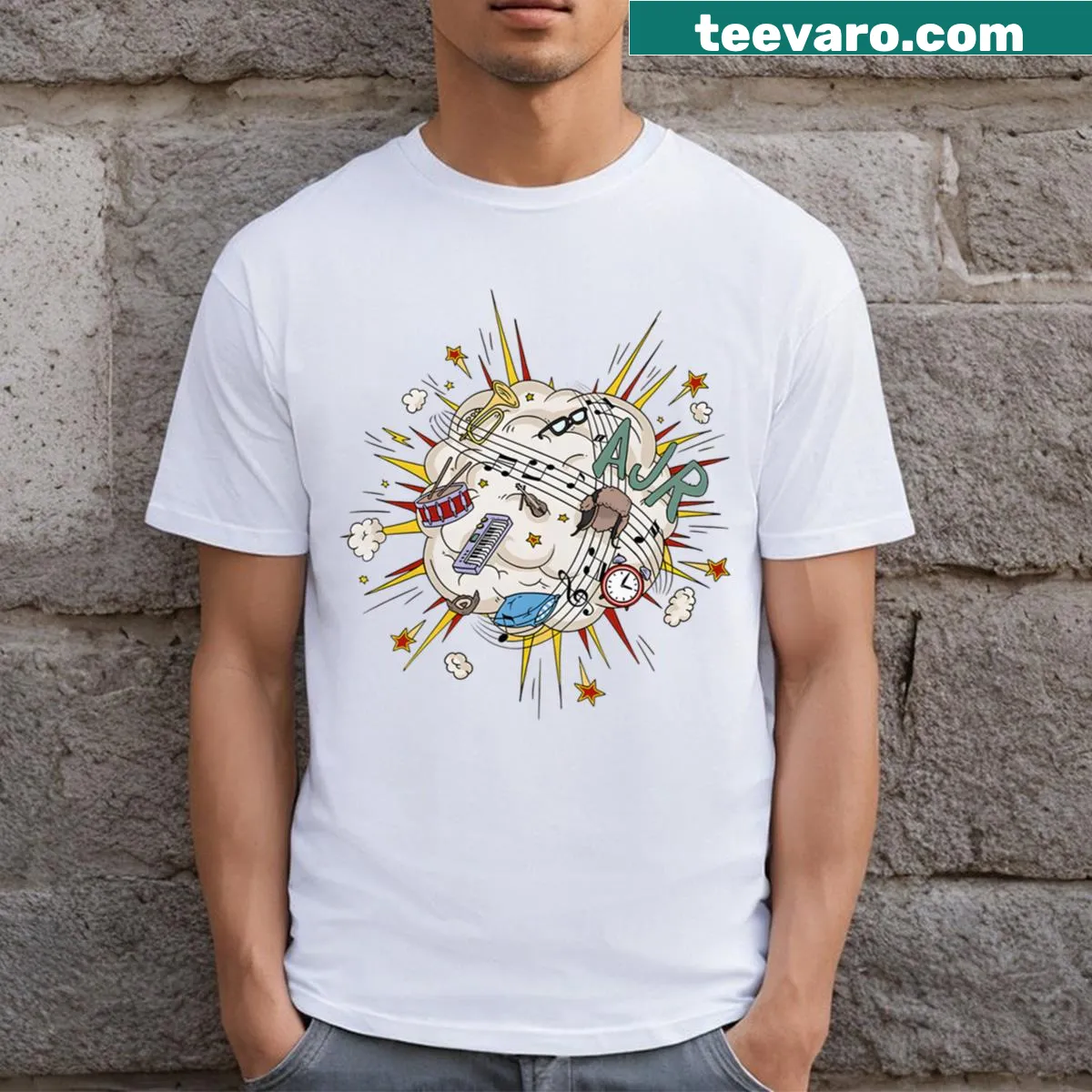 Musical Ajr Notes T-shirt featuring treble clef and notes — on a men's t-shirt