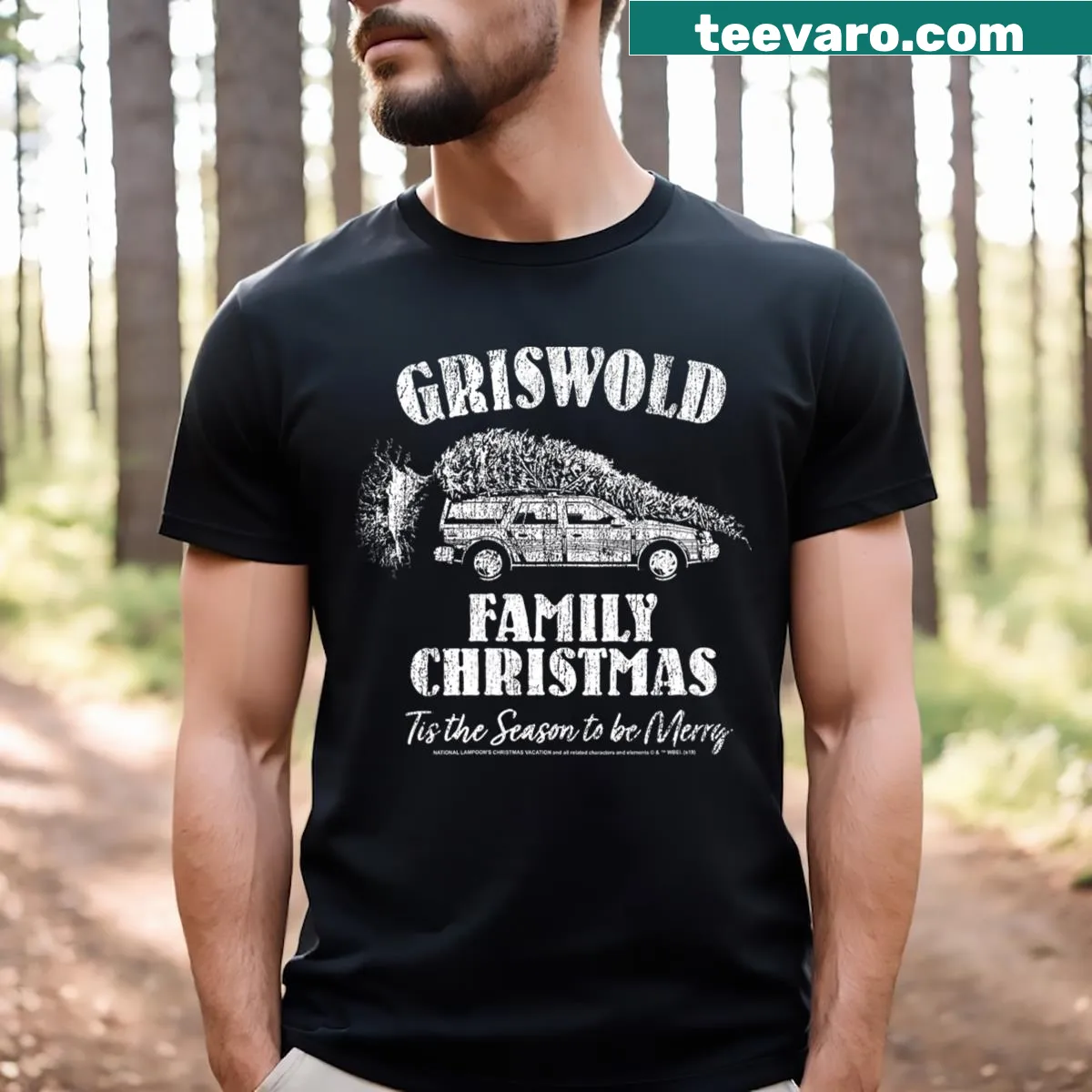 National Lampoon's Christmas Vacation T-shirt with car illustration — on a men's t-shirt