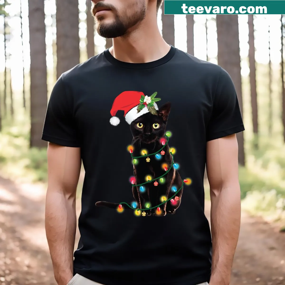 Black cat tangled in Christmas lights on a holiday t-shirt. — on a men's t-shirt