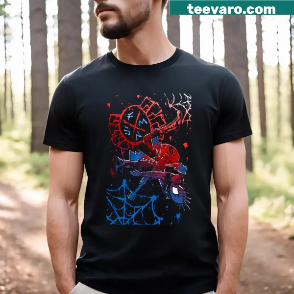 Spiderpunk T-shirt with multiverse man, guitar, and punk elements