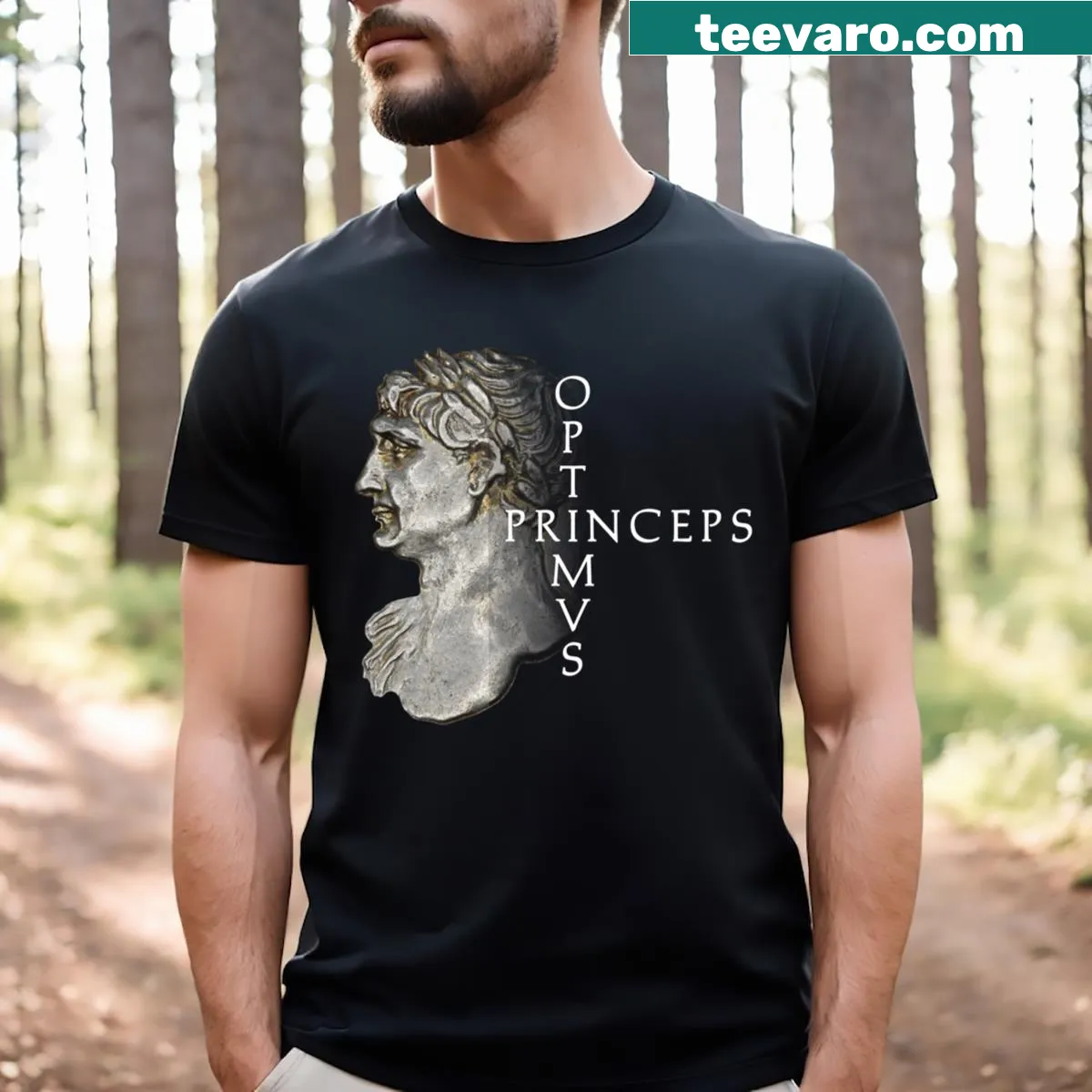Illustrated T-shirt depicting Trajan, the Roman Emperor, with design elements reflecting history. — on a men's t-shirt