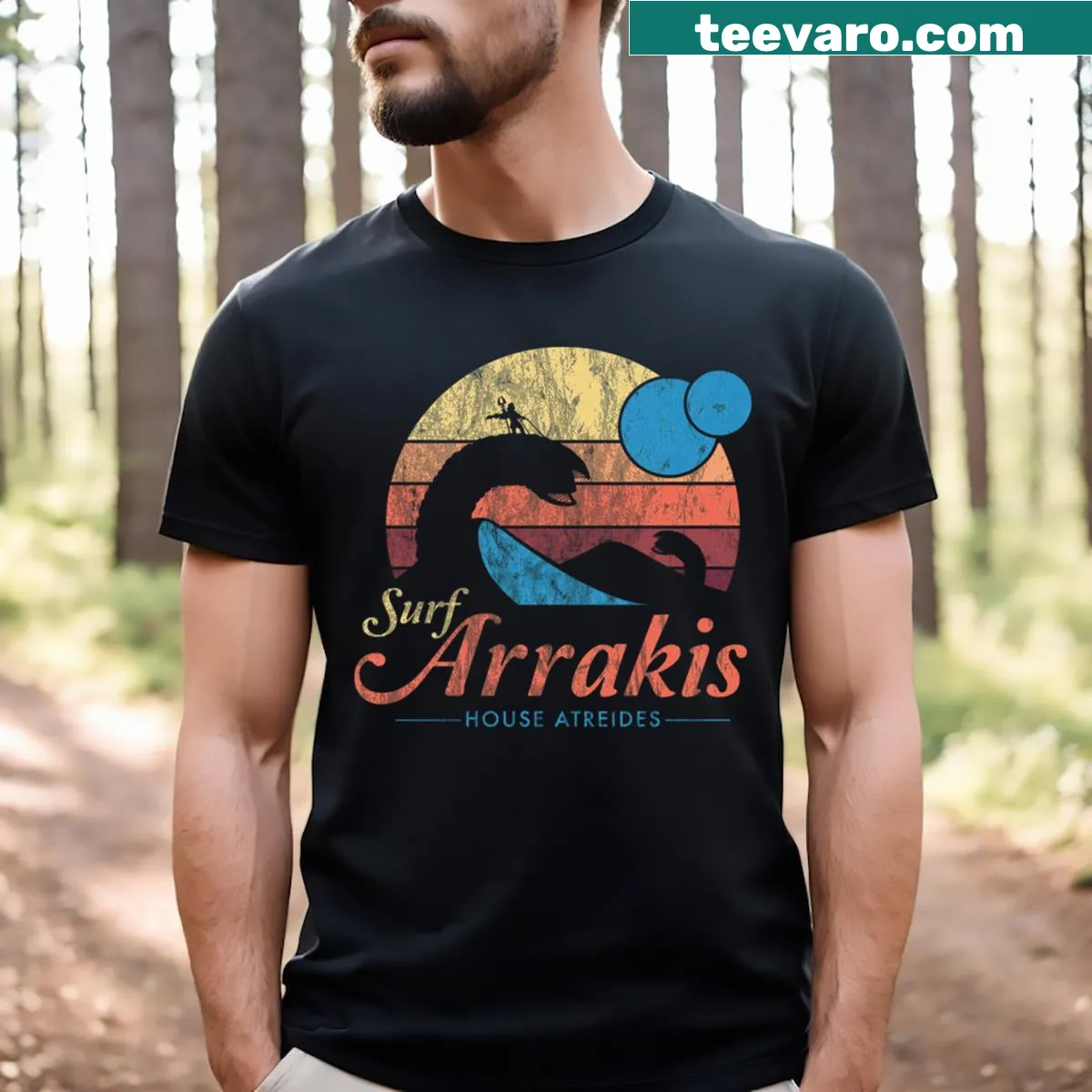 Vintage distressed T-shirt inspired by Arrakis and sci-fi — on a men's t-shirt