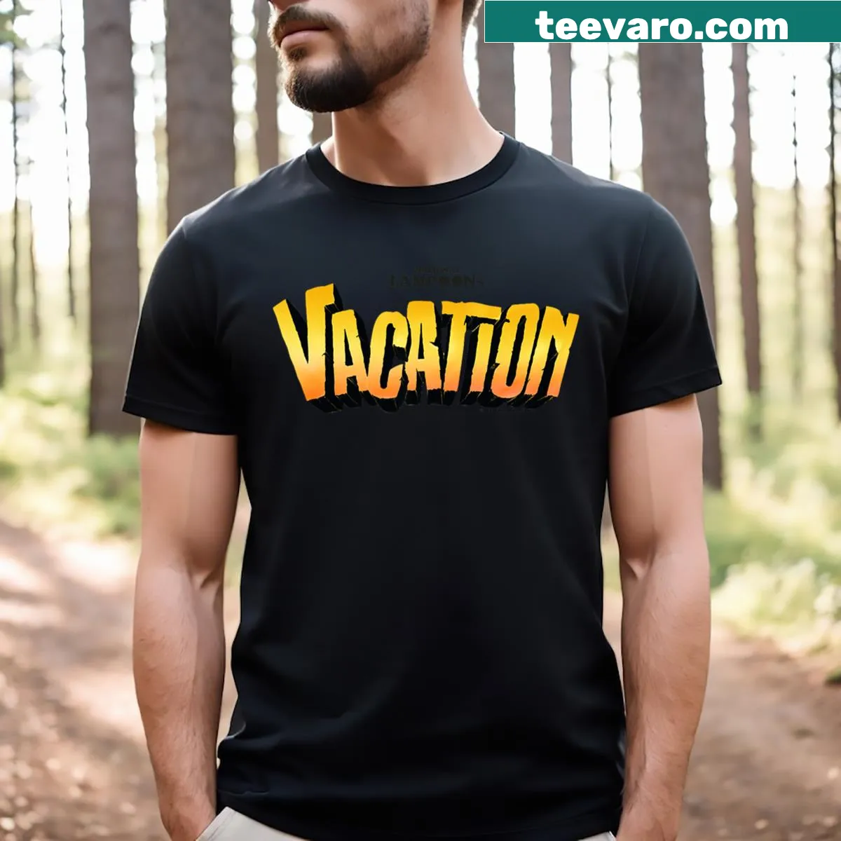T-shirt featuring WB100 logo from National Lampoon's Vacation movie. — on a men's t-shirt
