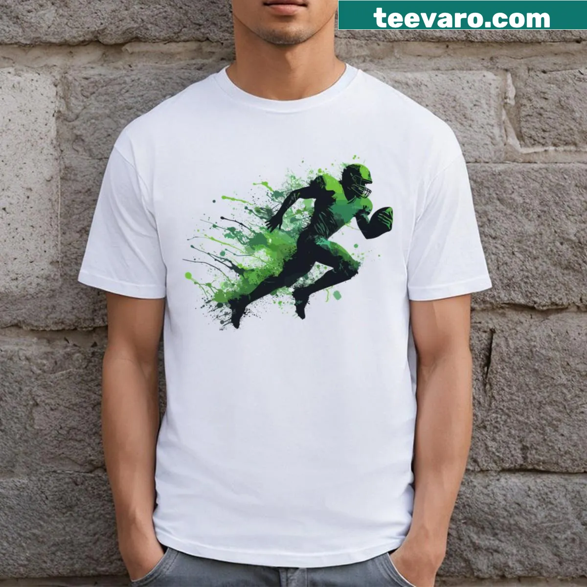 Line-art design of an American football with dynamic elements — on a men's t-shirt