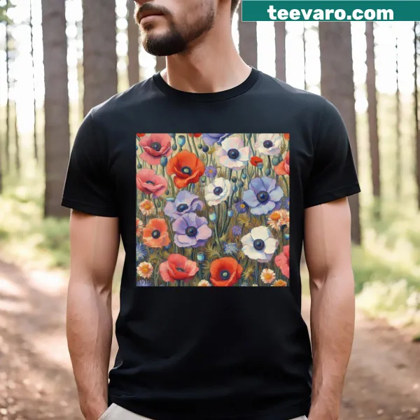 Floral pattern T-shirt featuring anemone and poppy flowers