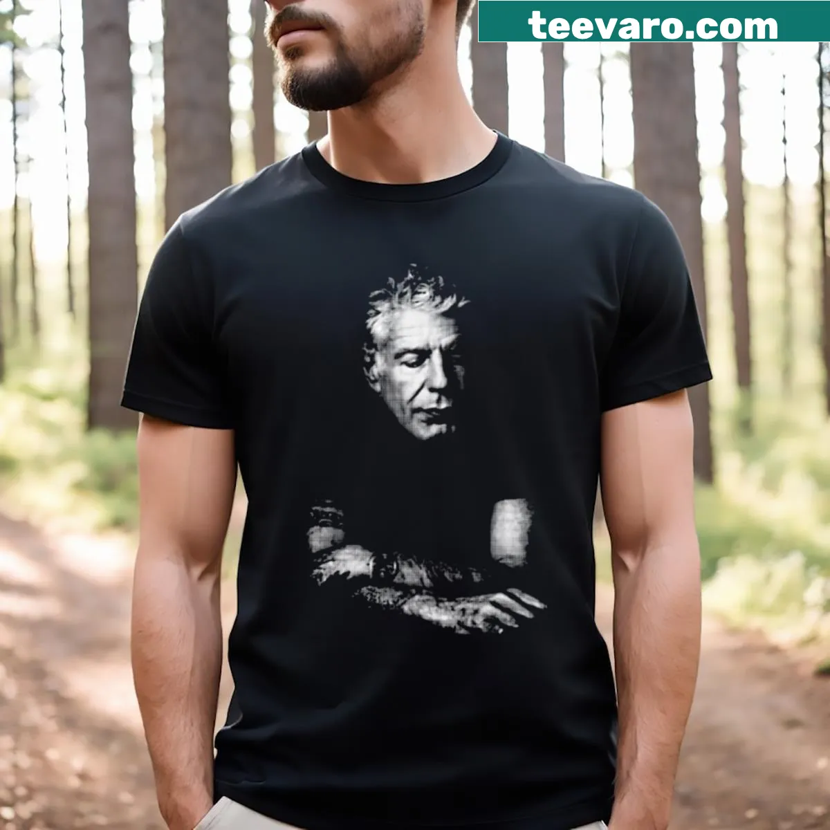 Tribute T-shirt to Anthony Bourdain celebrating food and exploration — on a men's t-shirt