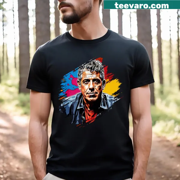 Anthony Bourdain tribute T-shirt with a culinary-themed graphic