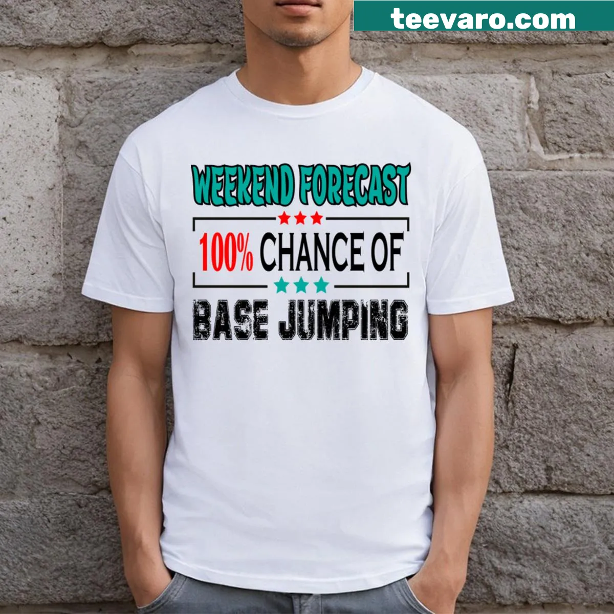 Bold t-shirt for base jumpers with forecast graphic — on a men's t-shirt