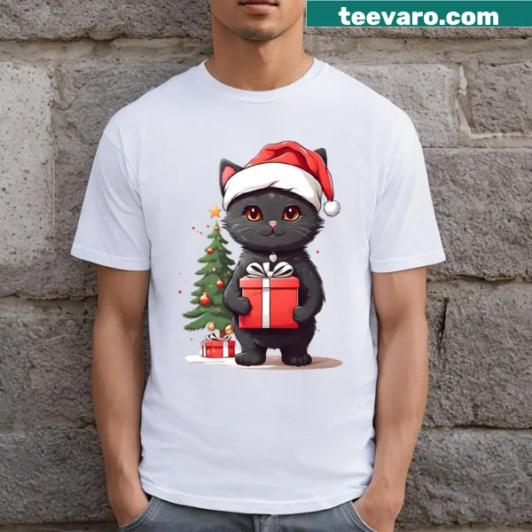 Festive t-shirt featuring a black kitten dressed as Santa for kids.