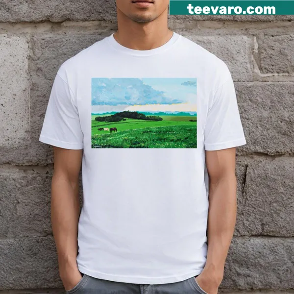 T-shirt with a bluegrass music theme featuring notes and instruments.