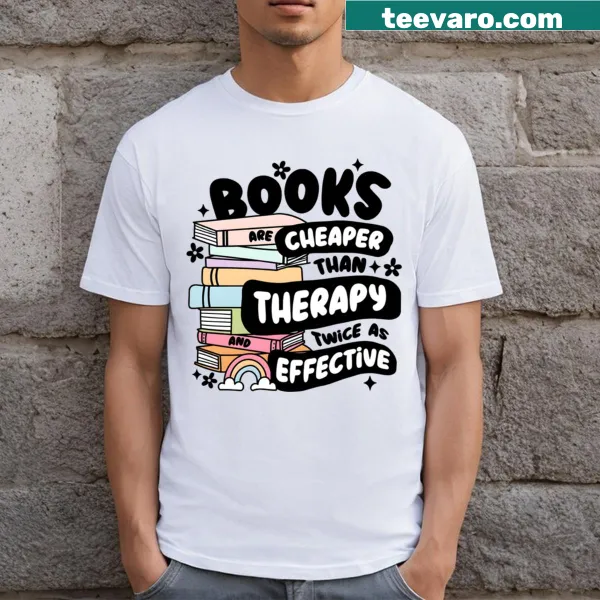 Book-themed tee with bookmarks and a funny quote about therapy