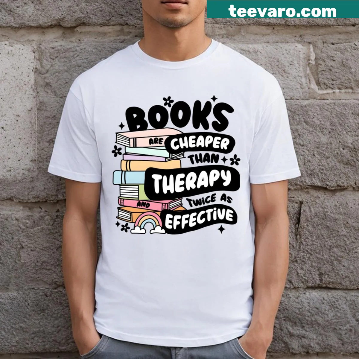 Book-themed tee with bookmarks and a funny quote about therapy — on a men's t-shirt