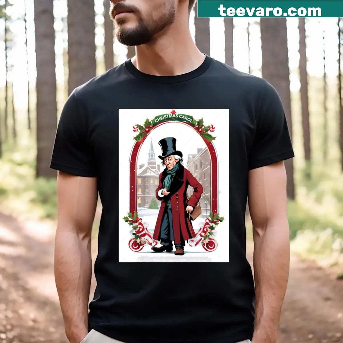 Christmas Carol T-shirt with musical notes and festive imagery — on a men's t-shirt