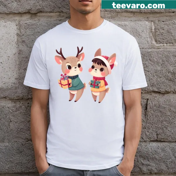 Charming illustration of a deer couple on a Christmas T-shirt