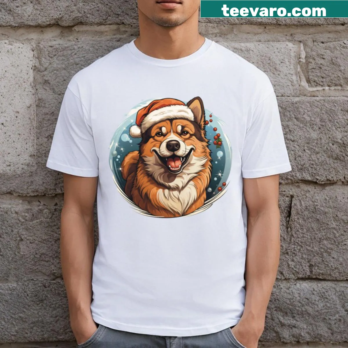 Cartoon Santa dog graphic on a fun Christmas T-shirt — on a men's t-shirt