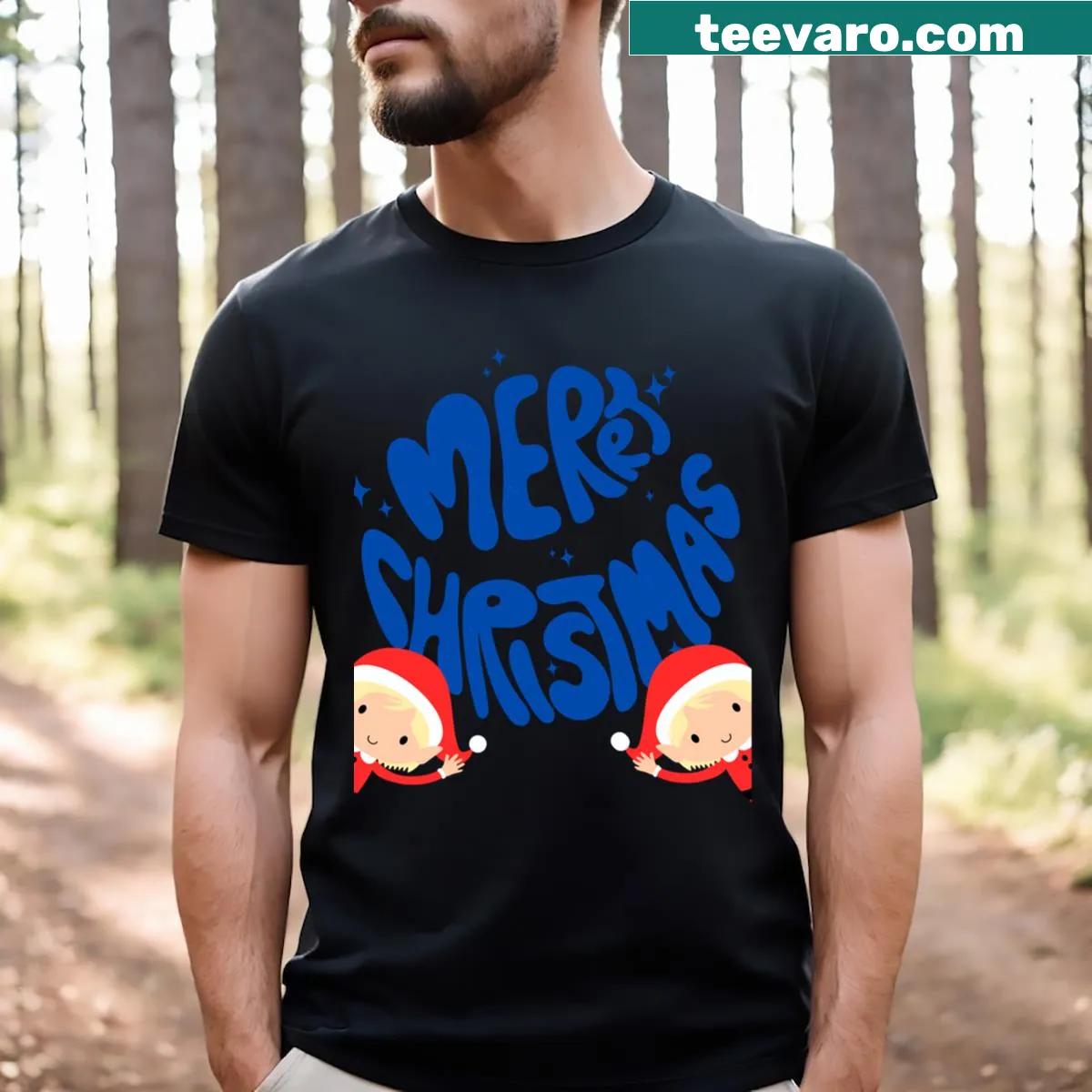 Christmas Elf T-shirt featuring whimsical artwork of a playful elf — on a men's t-shirt