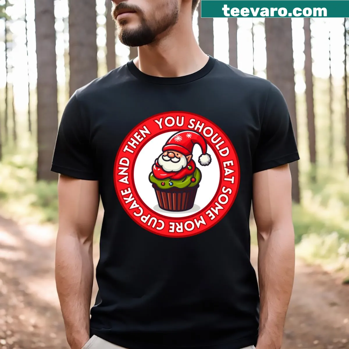 Cute Christmas gnome with cupcake illustration on a T-shirt — on a men's t-shirt