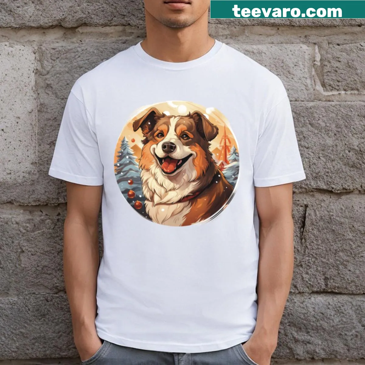 Happy dog illustration on a Christmas-themed t-shirt — on a men's t-shirt