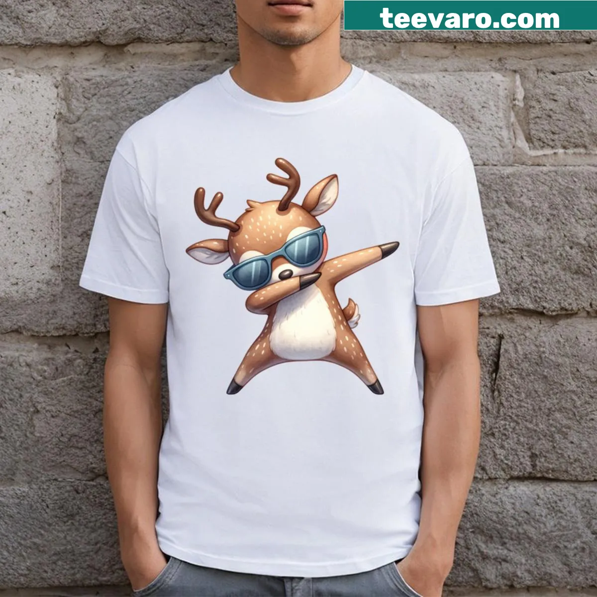 Cartoon reindeer dabbing dance on a Christmas t-shirt — on a men's t-shirt