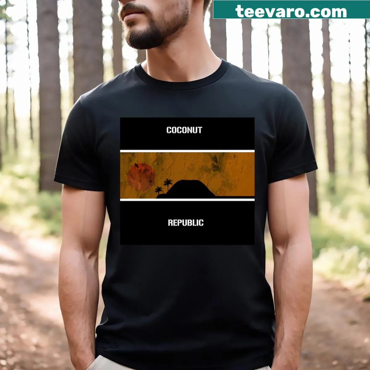 Tropical Coconut Republic illustrated t-shirt design — on a men's t-shirt