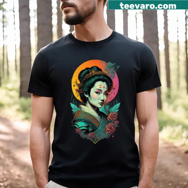 Illustrated geisha design on T-shirt surrounded by floral accents