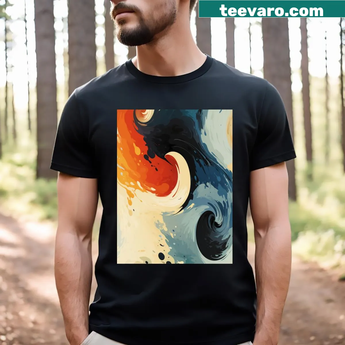 Dynamic wave graphic T-shirt with playful design elements — on a men's t-shirt